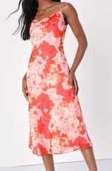 Lulus Pink Floral Swiss Dot Cowl Neck Midi Dress Size Small Photo 0