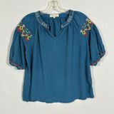 Solitaire Womens M Teal Blue Embroidered Puff Sleeve Boho Peasant Blouse Photo 0