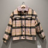 Urban Outfitters Green Yellow Cream Plaid Sherpa Collar Trucker Jacket‎ Sz Small Photo 0