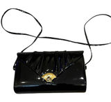 Vintage 80s Black Patent Leather Handbag Pleated Design Gold Shell‎ Closure Photo 0