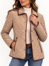 Michael Kors Quilted Jacket Tan Brown Trim Gold Zip Snap Coat Small Photo 0