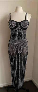 Rhinestone Stretch Black Sheer Midi Dress Built in Bodysuit Womens Sz Large Photo 0
