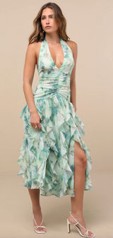 Lulus Febe Teal Green Multi Abstract Halter Ruffled Midi Dress Party XL NWT Photo 0