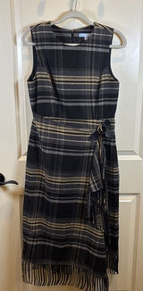 Antonio Melani Tula Plaid Print Wrap Front Fringe Hem Midi Dress Sz 6 Old Money Photo 0