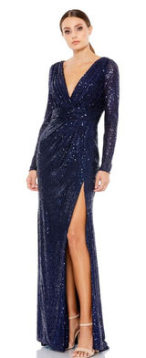 Mac Duggal 26490 Midnight Sequin Long Sleeve‎ Faux Wrap Formal Gown NWT Photo 0