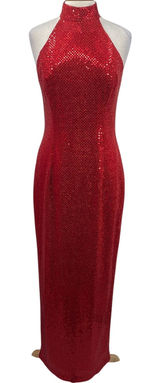 Vintage 90s Sequined High Neck Gown Open Back Maxi Dress Red Womens 8 Photo 0
