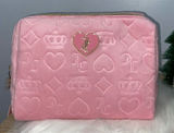 Juicy Couture Heart Logo Pink Velour Pressed Pattern Cosmetic Travel Bag NWT Photo 0