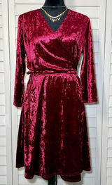 Burgundy Crushed Velvet Long Sleeve Faux‎ Wrap Dress Photo 0