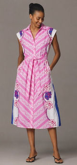 Celina‎ Moon Pink Floral Belted Poplin Sleeveless Midi Dress Womens Size XS Photo 0