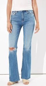 American Eagle Stretch Super Hi-Rise Flare Medium Wash Distressed Casual Size 8 Photo 0