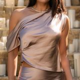 🤎 JLUXLABEL “Rosi” Asymmetrical Satin Top – Stone Photo 0