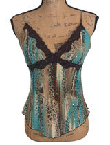 Star City Y2K Mesh Cami Top Teal Brown Lace Sequin Sheer Fairycore Mcbling Small Photo 0
