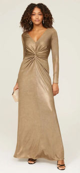 Lauren Ralph Lauren Nadira Metallic Gold Twist Front Gown Dress Size 6 Photo 0