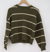 FRIFUL Sweater Womens S Pullover Olive Green Striped Knit Crew Neck Excellent Photo 0