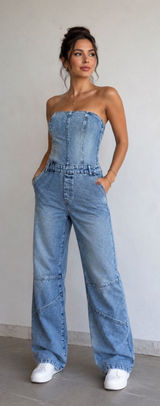 Strapless Wide Leg Denim Jumpsuit Size L‎ Light Wash Blue Seam Detail Y2K Romper Photo 0