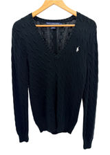 Ralph Lauren Black Cable Knit V-Neck Cotton Sweater L Preppy Coastal Old Money L Photo 0