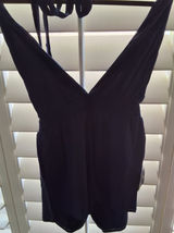 Lulus Women's L Navy Blue Textured V-Neck Tie Back NWOT Romper Jumpsuit Summer Photo 0