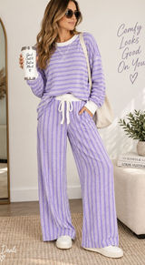 Zenana Raised Rib Striped Pullover & Wide Leg Pants Set Womens Lavender Sz Small Photo 0