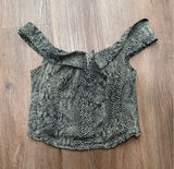 Free People Snakeskin Off Shoulder Crop Top Green‎ Black XS Sweetheart Zipper Photo 0