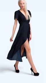 Honeypunch Come Together Navy Blue Midi Wrap Dress, Size S Photo 0