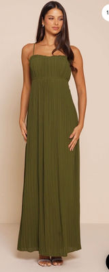 New Lulus Delina Olive Plisse Chiffon Tie-Back Maxi Dress Size Small Photo 0
