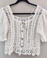 Wild Flower Cream Crochet Short Sleeve Button Front Top Cardigan S/M NWT Boho Photo 0