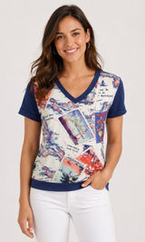 Peter Som Design Nation Top XS Short Sleeve Blue Printed Artsy Modern Photo 0