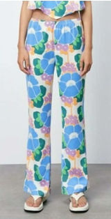 Zara Womens Floral Print Straight Leg Elastic Waist Pants‎ Blue Green Orange M Photo 0