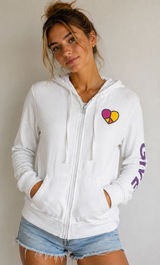 Zip Up Hoodie Womens L White Give From The Heart Rhinestone Peace Graphic Photo 0
