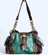 Y2K 2000s Western Mcbling Bimbo Goth Leather Rhinestone Large Buckle Hand Shoulder Bag Purse Preppy bedazzled silver stud blue turquoise brown #cowgirl #whimsygoth #grunge #punk #stagecoach festival Measurement in pics Some distressing see pics Photo 0