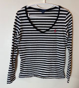 Ralph Lauren Navy White Striped V-Neck Long Sleeve Cotton Tee Shirt Size Medium Photo 0