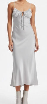 Aritzia Wilfred Bellow Dress 12 Ruched Bodice‎ Midi Bias Cut Gray Smocked Back Photo 0