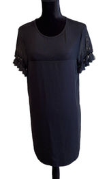 Lulus Womens Large Shift Dress‎ Iced Latte Black Mesh Tassel Sleeve Mini Event Photo 0