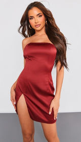NEW!! PrettyLittleThing Cherry Red Satin Bandeau Split Hem Bodycon Dress Photo 0