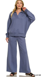 Zenana Scuba Collared‎ Pullover & Center Seam Pants Set - Blue Indigo - Medium Photo 0