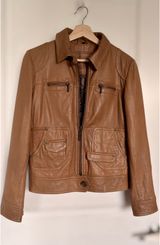 Vintage Naf Naf Cognac Genuine Sheepskin Leather Zip front Jacket Women’s L M Photo 0