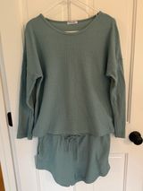 Ekouaer Waffle Knit Lounge Set Long Sleeve Top Shorts Sage Green Large Photo 0
