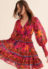 Farm Rio Tropical Derby Dress Bohemian‎ Floral Orange Pink Fairy Whimsical Photo 0