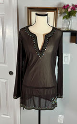 Vintage Y2K New York & Company Brown Mesh Tunic Embroidered Sequin V-Neck Large Photo 0