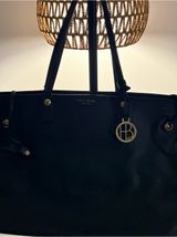 henri bendel Black Leather Tote with Gold Logo Charm Photo 0