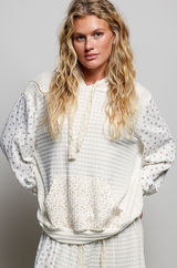 POL Mixed Knit Contrast Print Sleeve Hoodie with Kangaroo Pocket - Large Photo 0