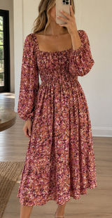 J.Crew Pink Floral Smocked Puff Sleeve Cotton Midi Dress XS Fit Flare Photo 0
