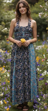 Free People Dance With Me Mixed Floral Halter Maxi Dress Adjustable Front Ties M Photo 0