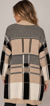 Doe & Rae Women's Beige Black White Plaid Colorblock Open Front Cardigan Sweater Photo 0