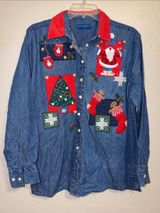 Vintage Embroidered Christmas Denim Shirt Corduroy Collar cottagecore granny 90s Photo 0
