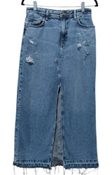 Zara Women Denim Split Front Maxi Skirt Sz S Blue Distressed Frayed Hem Photo 0