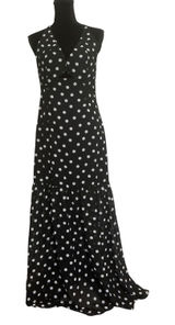 Polka Dot Maxi Dress Black White V-Neck Cutout Tiered Ruffle Retro Sexy SZ M / 6 Photo 0