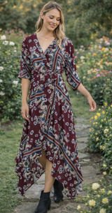 Lulu's Burgundy Boho Maxi Vacation Garden Party Wedding Guest dress size medium Photo 0
