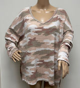 American Eagle Long Sleeve Oversized Peach/Nude Camo Waffle V Neck Top size XL Photo 0