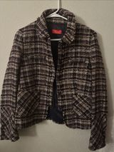Textured Plaid Tweed Blazer Jacket in Black and Cream Photo 0